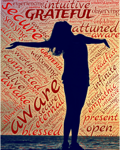 A poster of a woman being grateful and aware.