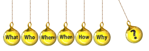 Little balls that say what, who, where, when, how, why and a question mark.